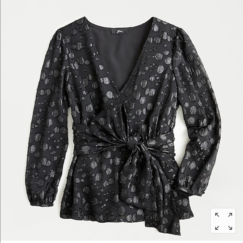 J. Crew Black Top Tie-waist V-neck Metallic Dot XS